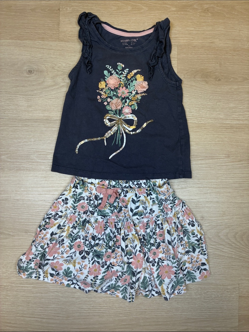 Shabby Chic m Floral Bow Tank Top with Pink & Yellow Floral Skirt 2 Piece Set